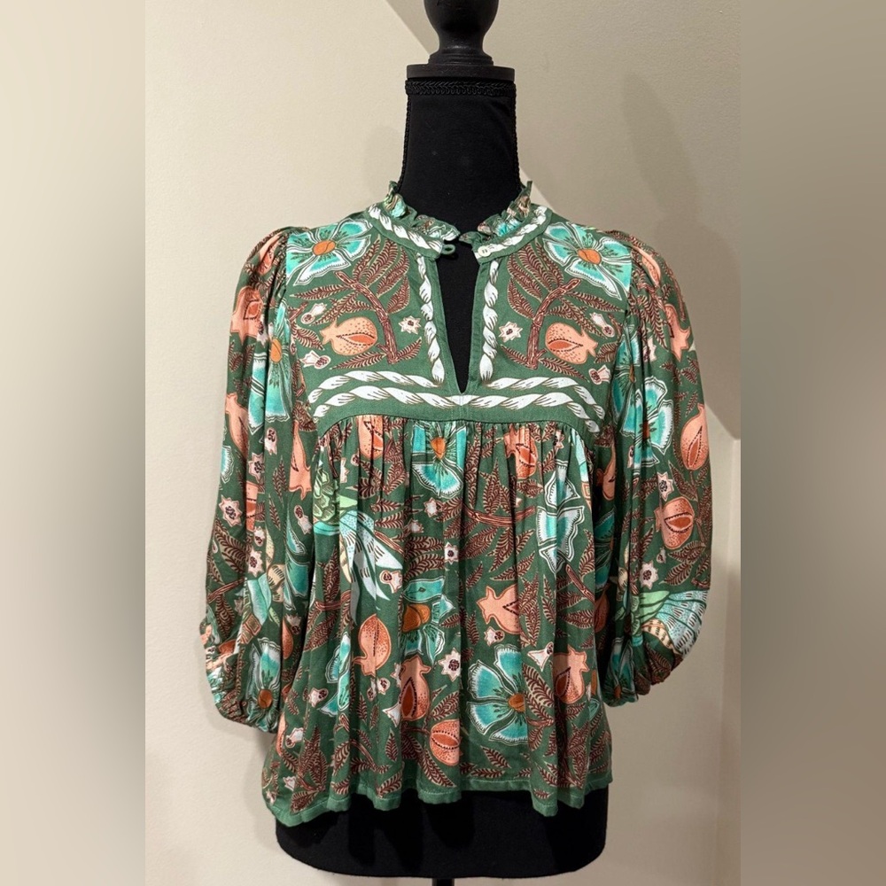 Omika blouse with stunning details. Flowy, loose fit. Size small 18” PTP